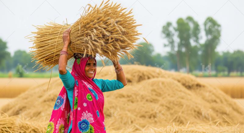 Smiling Indian woman transporting golden wheat bundles after har