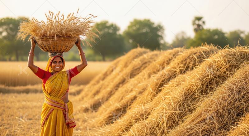 Smiling Indian Woman Carrying Wheat Harvest in Rural Field