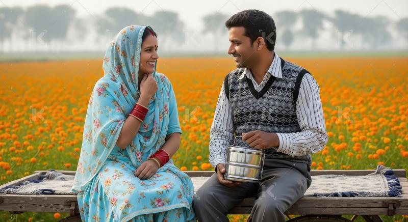 Joyful Indian couple on rural cart in beautiful flower field