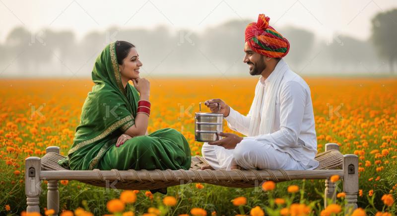Indian couple shares tiffin on charpai in marigold field