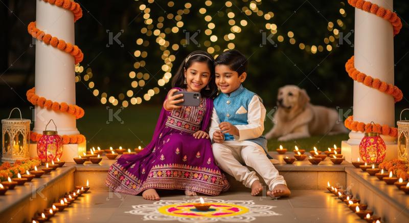 Joyful Indian Kids Celebrate Diwali, Taking Happy Selfie