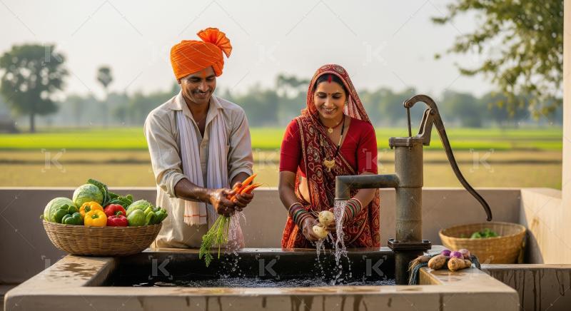 Indian Farmers Washing Fresh Vegetables from Harvest by Hand Pum