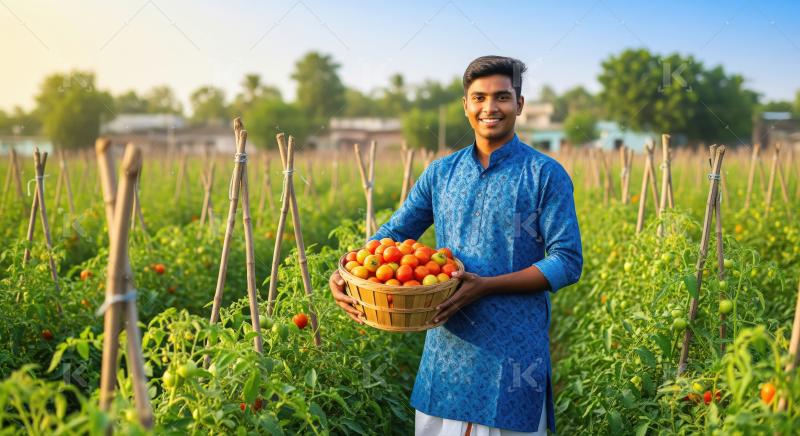 Happy Indian Farmer Harvests Fresh Tomatoes in Sunny Field