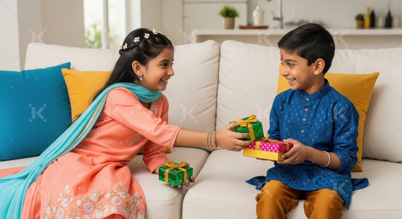 Happy Indian Children Exchanging Gifts During Festive Family Cel