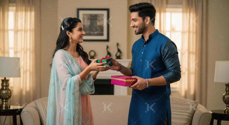Joyful Indian Couple Exchanging Gifts, Celebrating Festive Occas