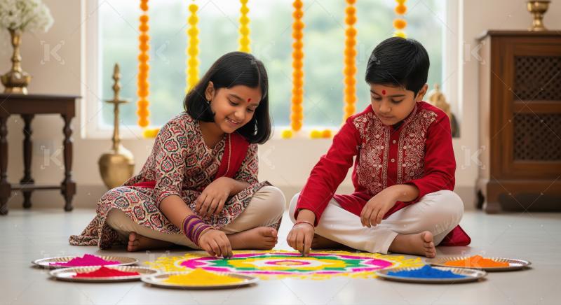 Indian children creating vibrant traditional rangoli art for fes