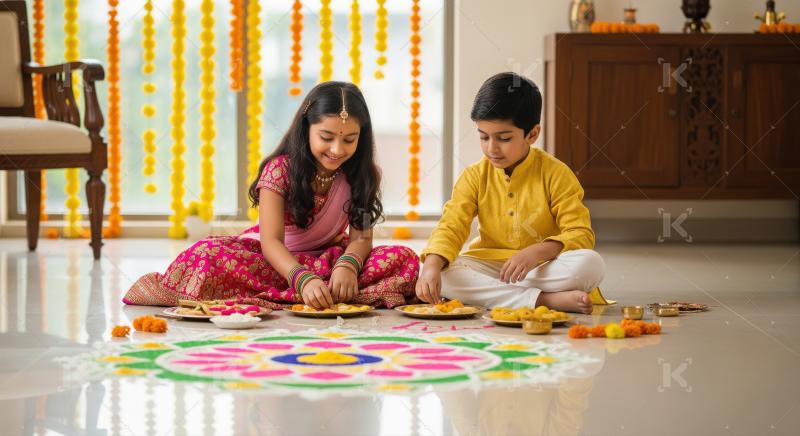 Happy Indian kids making rangoli for Diwali festival celebration