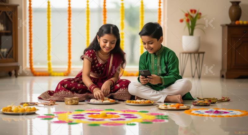 Joyful Indian siblings celebrating festive occasion at home.