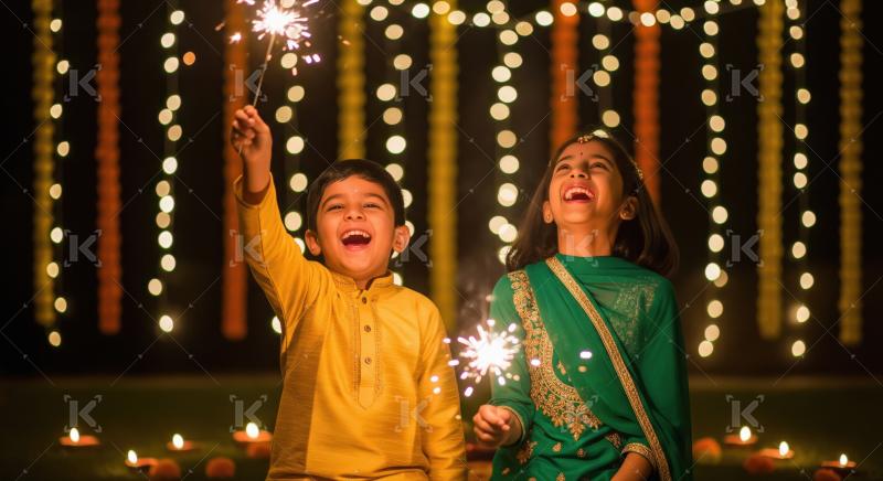 Joyful Indian Children Celebrating Diwali with Bright Sparklers
