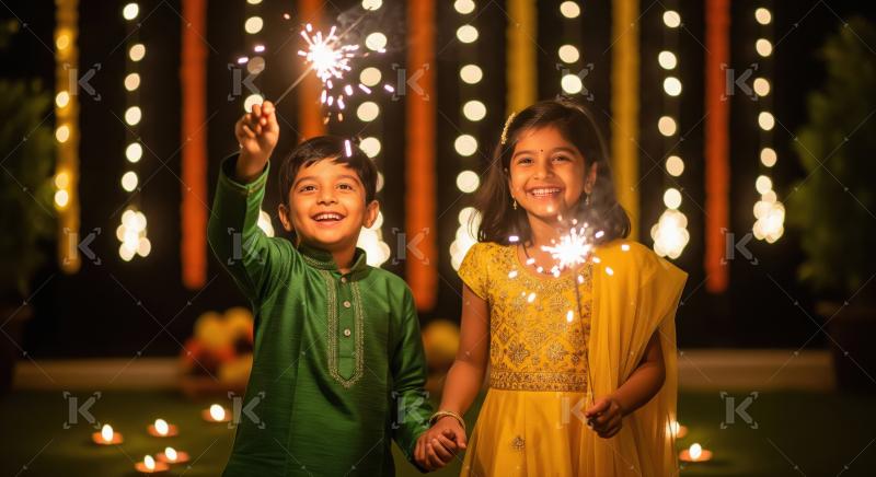 Happy Indian Children Celebrate Festival with Sparklers at Night