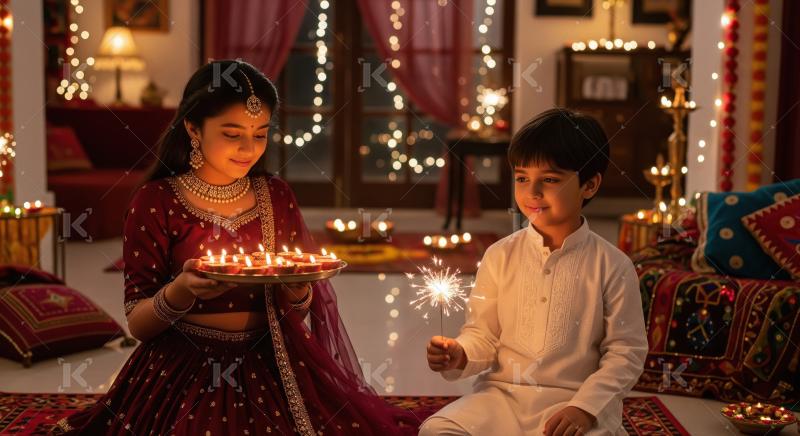 Indian siblings celebrate Diwali festival with diyas and sparkle