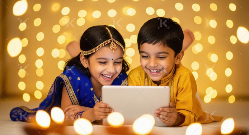 Happy Indian kids watching tablet during festive celebration.