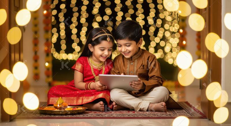 Happy Indian kids enjoying tablet during festive celebration.