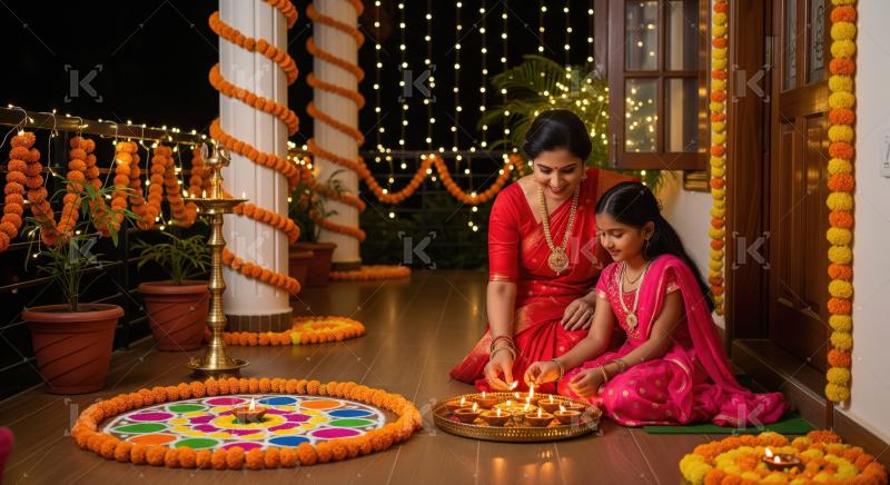 Mother and daughter lighting diyas, celebrating Indian festival