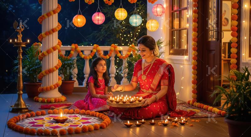 Mother and daughter celebrating Indian festival with traditional