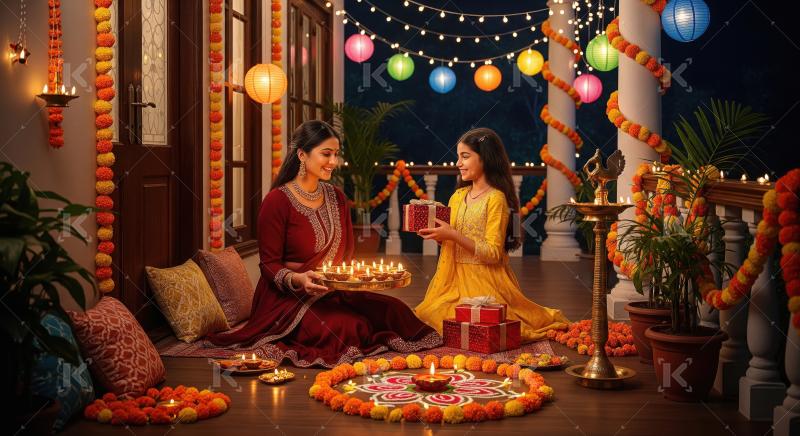 Joyful mother and daughter celebrating Indian festival of lights