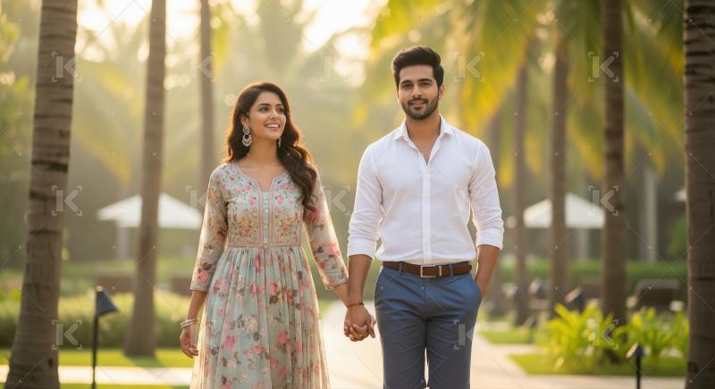 Happy Indian couple holding hands, walking in a serene park.