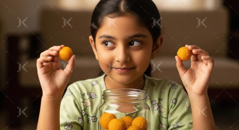 Happy Indian Girl Holding Delicious Traditional Ladoo Sweets