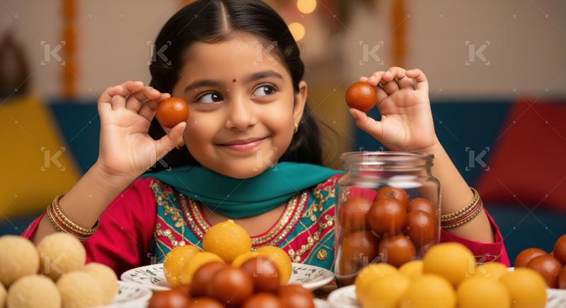 Happy Indian Girl Enjoys Delicious Traditional Festival Sweets