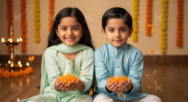 Joyful siblings celebrate Indian festival, holding marigold peta
