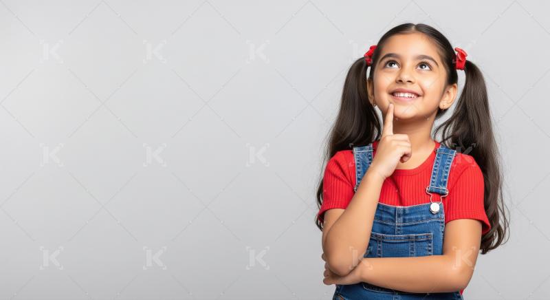 Thoughtful Young Girl Smiling, Looking Up with Pondering Express