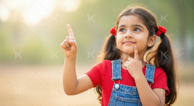Cute Indian girl pointing up, deep in thought