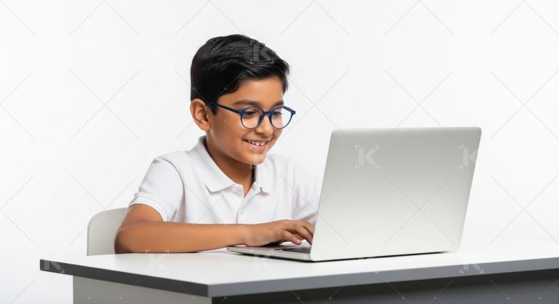 Young Indian Boy Happily Using Laptop for Online Learning