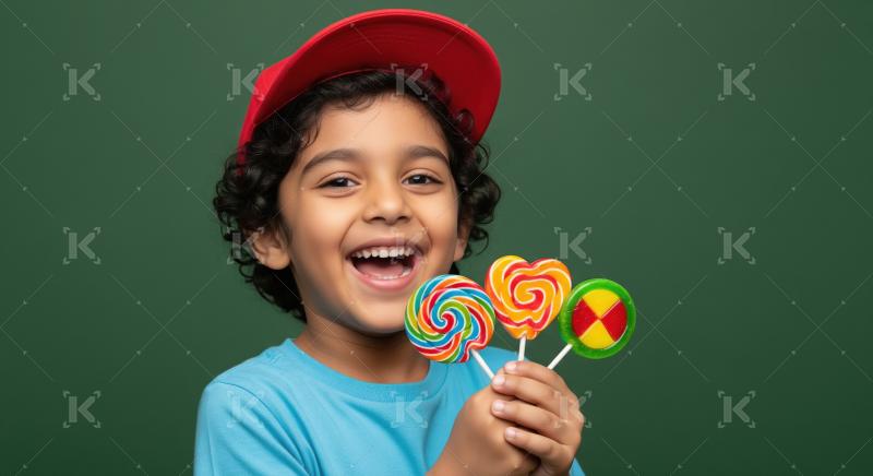 Joyful Indian Boy with Colorful Lollipops Smiles Happily