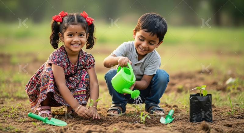 Happy Indian Kids Planting Saplings, Learning About Nature Outdo