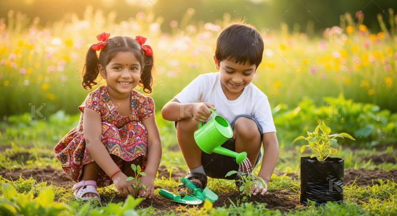 Happy Indian Kids Planting and Watering in Garden