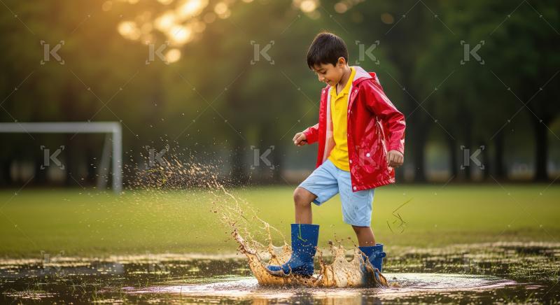 Happy child in raincoat joyfully splashes in muddy puddle