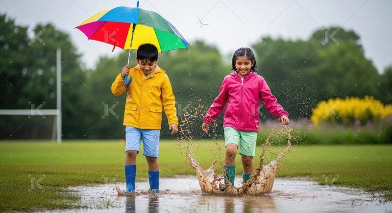 Happy Kids Playfully Jumping in Mud Puddles with Umbrella