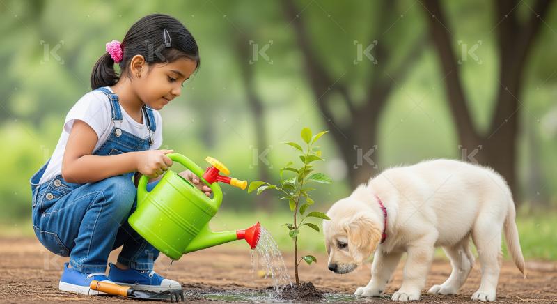 Girl and puppy nurturing nature, watering a plant.