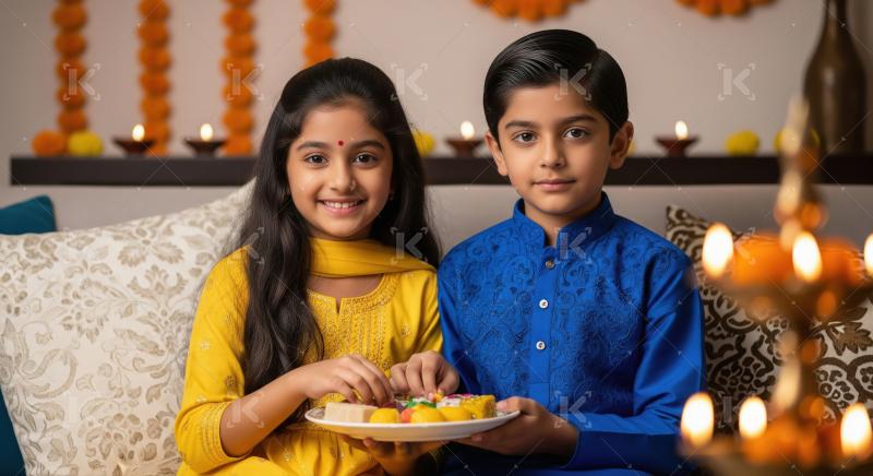 Happy Indian Children Celebrating Diwali with Traditional Sweets