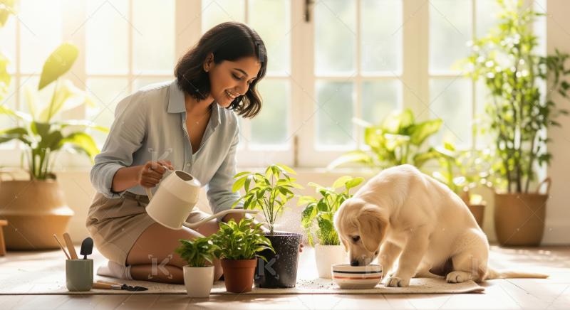 Joyful Woman Gardening with Her Cute Golden Retriever Puppy