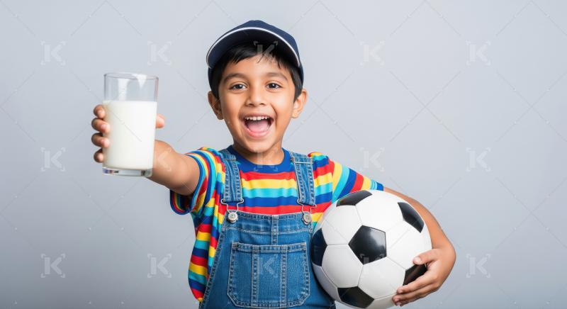 Happy Indian Boy with Milk and Soccer Ball
