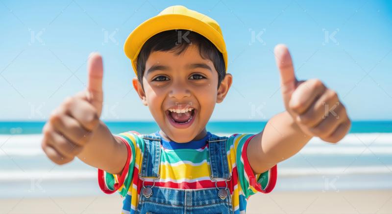 Happy Little Boy Giving Thumbs Up at Sunny Beach