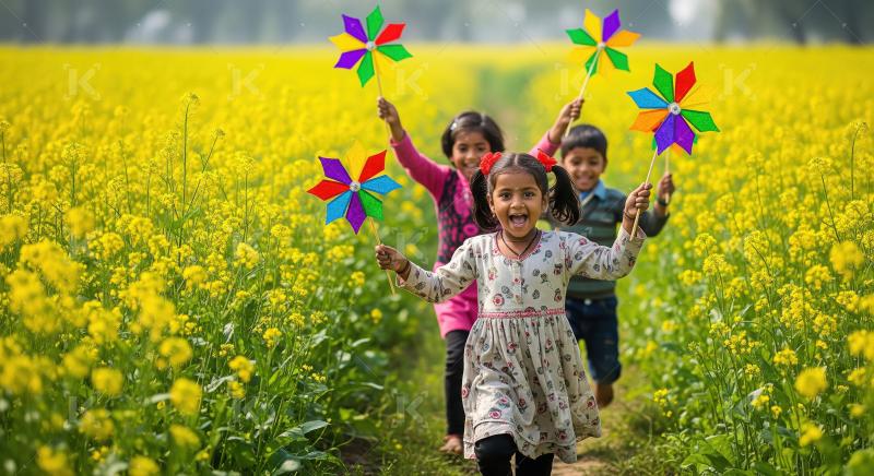 Joyful children running with pinwheels in a golden flower field