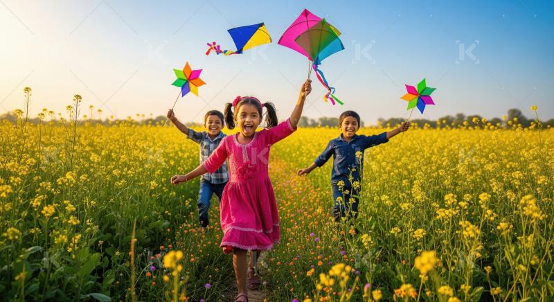 Joyful Children Running with Kites in Golden Flower Field