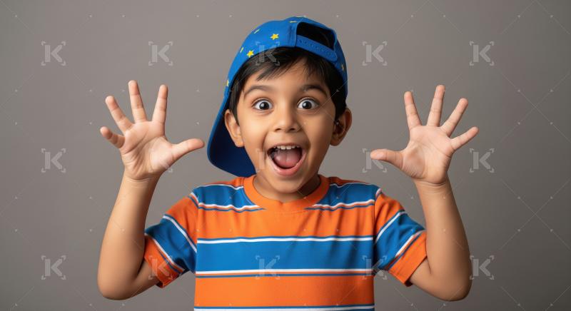 Happy child making a surprised face with hands up.