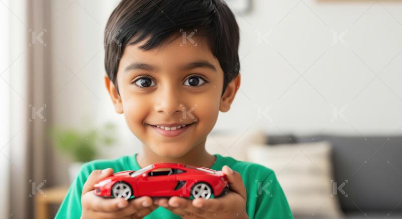 Portrait of a Smiling Boy Holding a Red Toy Car