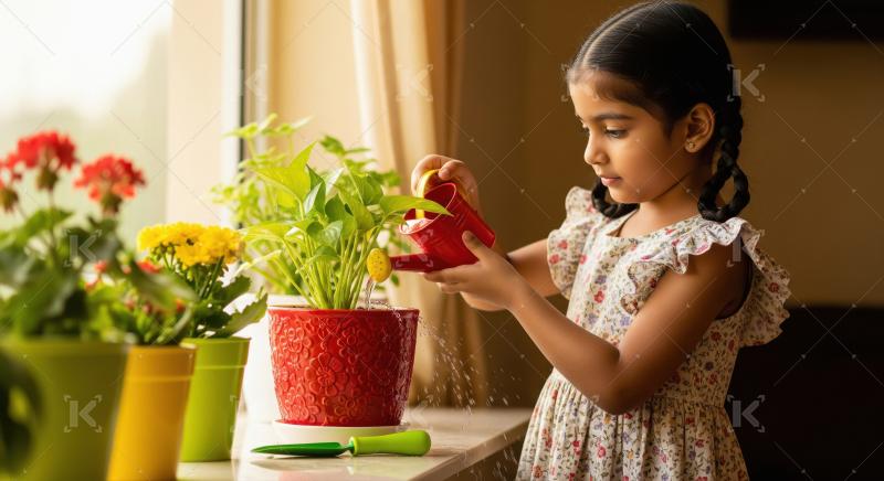 Young girl watering houseplants with a red watering can