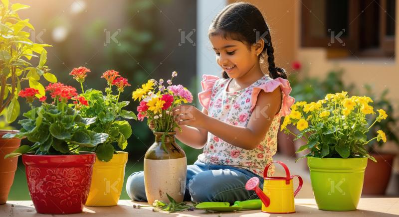 Happy young Indian girl arranging colorful flowers outdoors