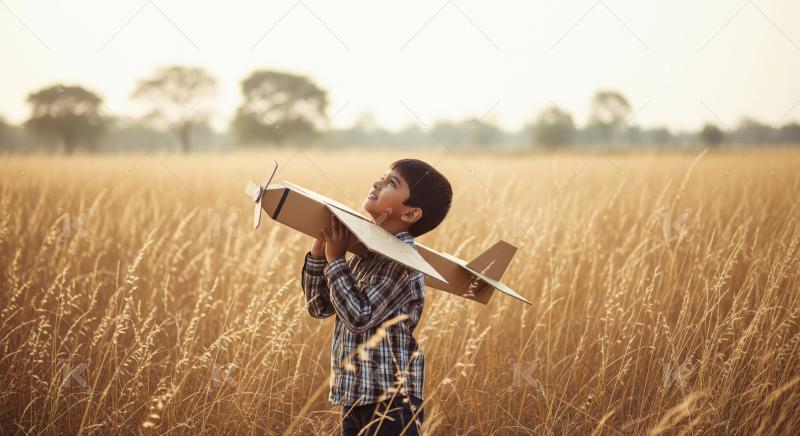 Young boy flying cardboard airplane, imagining future adventures