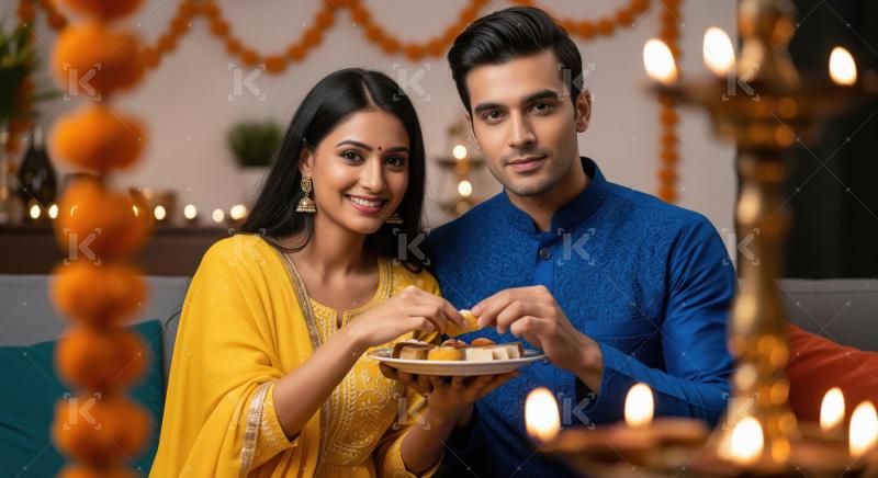 Joyful Indian Couple Celebrating Festival with Traditional Sweet