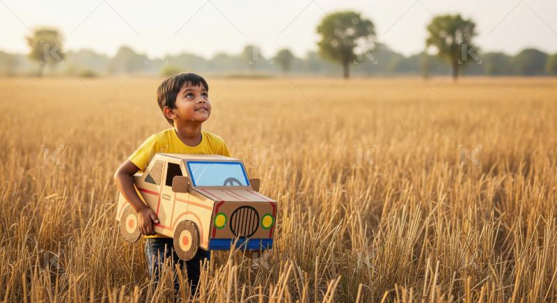 Young boy with cardboard car dreams in golden field