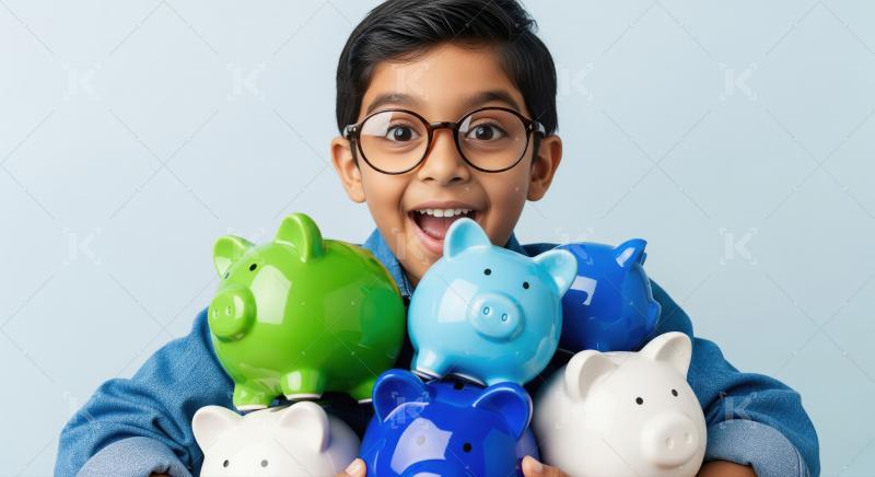 Happy young boy holding colorful piggy banks for savings.