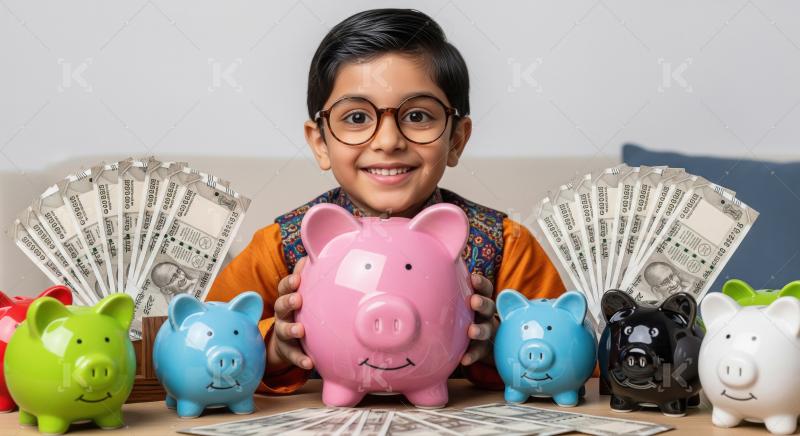 Happy Indian Boy Learning Financial Savings with Piggy Banks