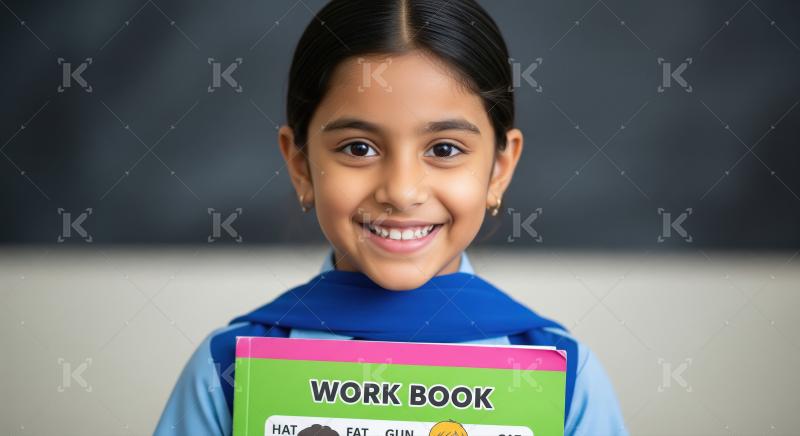 Happy Indian Schoolgirl Holding Workbook in Classroom