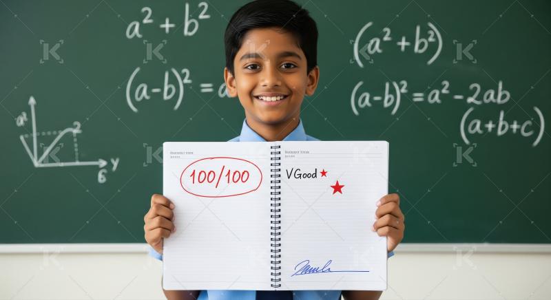 Happy Indian Schoolboy Showing Perfect Math Test Score